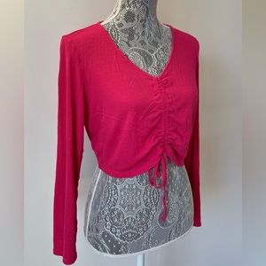 POOL Women's Hot Pink Long Sleeve Ruched-Front V-Neck Crop Top
